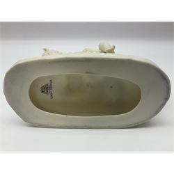 W.H.Goss Parian figure of Lady Godiva, with printed mark beneath, together with a W.H.Goss crested ware Rivaulx Abbey tumbler, and three similar Waterfall Heraldic China crested ware items, Godiva H19cm 