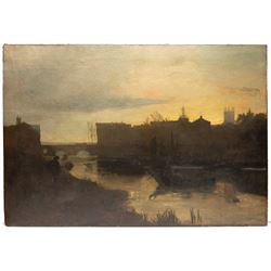 Attrib. John William Buxton Knight (British 1842-1908): 'The Banks and Bridge of the Dee at Chester', oil on canvas, signed titled and dated 1876 verso 91cm x 132cm (unframed)