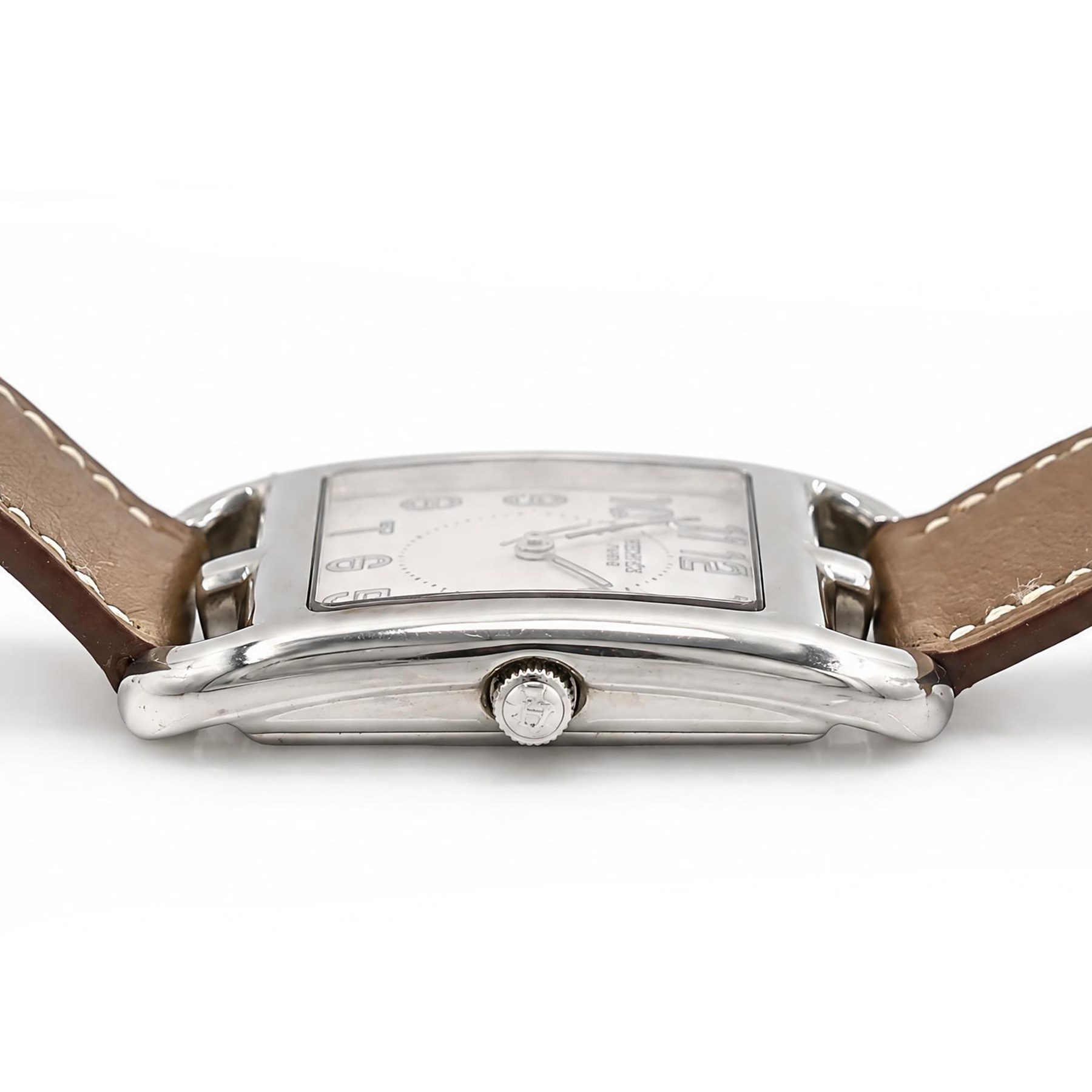 Hermès Cape Cod ladies stainless steel quartz wristwatch, Ref. CC2.710, white / silvered dial with Arabic hour markers, on taupe leather strap, boxed with guarantee dated 2011