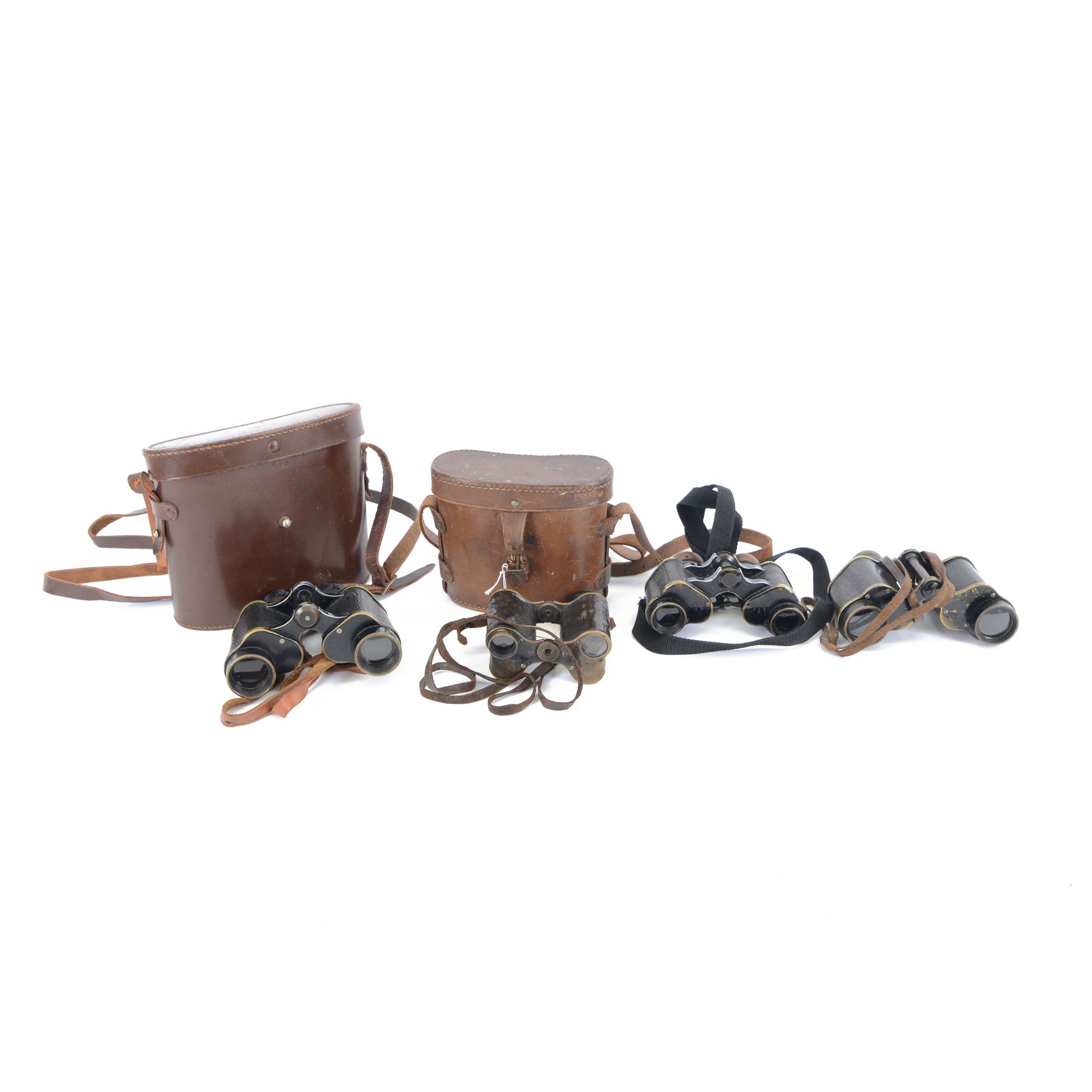 WWI Ross London binocular prismatic No.2 MK II magnification 6 binoculars, together with Aitchison London binocular prismatic No.3 Mark I maginification 6 binocular and two other cased pairs of military field binoculars   