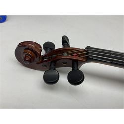 Four student violins - two Chinese three-quarter size with 33.5cm and 34cm two-piece backs; Stringers of Edinburgh quarter size with 28cm two-piece back; and Stentor quarter size with 28cm two-piece back; each in carrying case (4)