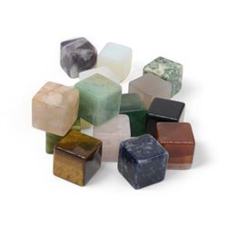 Fifteen cube mineral specimens, each cut and polished to highlight natural formations, including tiger eye, black obsidian, green aventurine, rose quartz, opalite, rhodonite etc, H2cm