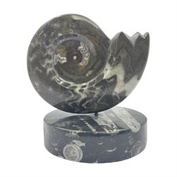 Goninite sculpture, poslised goninite, mounted upon a circular marble base with with orthoceras and goniatite inclusions, age: Devonian period, location: Morocco, H13cm