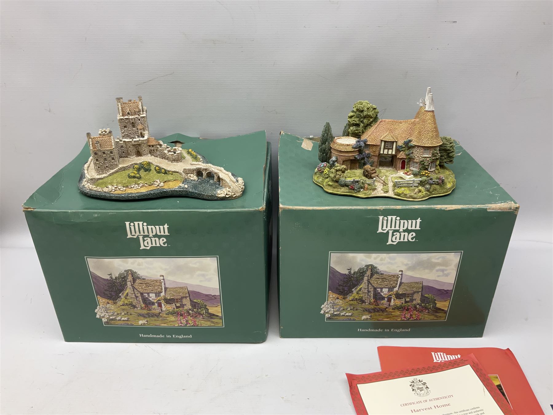 Lilliput Lane 'Harvest House' special edition figure group, limited edition of 4950, boxed with certificate, together with 'Eilean Donan Castle' model, boxed with deed