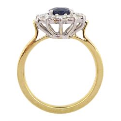 18ct gold oval cut sapphire and round brilliant cut diamond cluster ring, hallmarked, sapphire approx 1.50 carat, total diamond weight approx 0.50 carat
