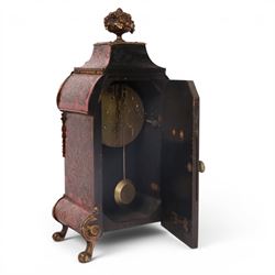 19th century,  French Boulle style mantel clock, drum movement, with a simulated scarlet tortoise shell, gilt brass dial inscribed with Roman numerals upon enamel lozenges, H30cm