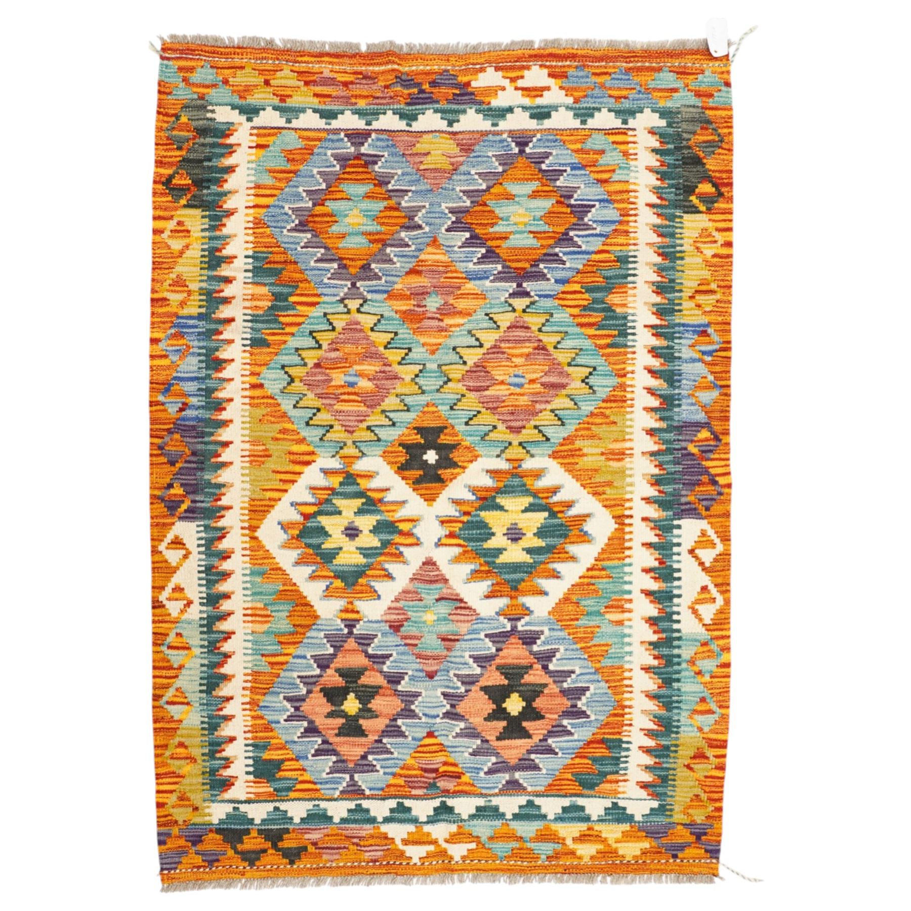 Afghan Chobi kilim flatweave runner with a repeating stepped diamond medallion design in live green, rust, teal, purple, and ivory, framed by chevron and geometric borders