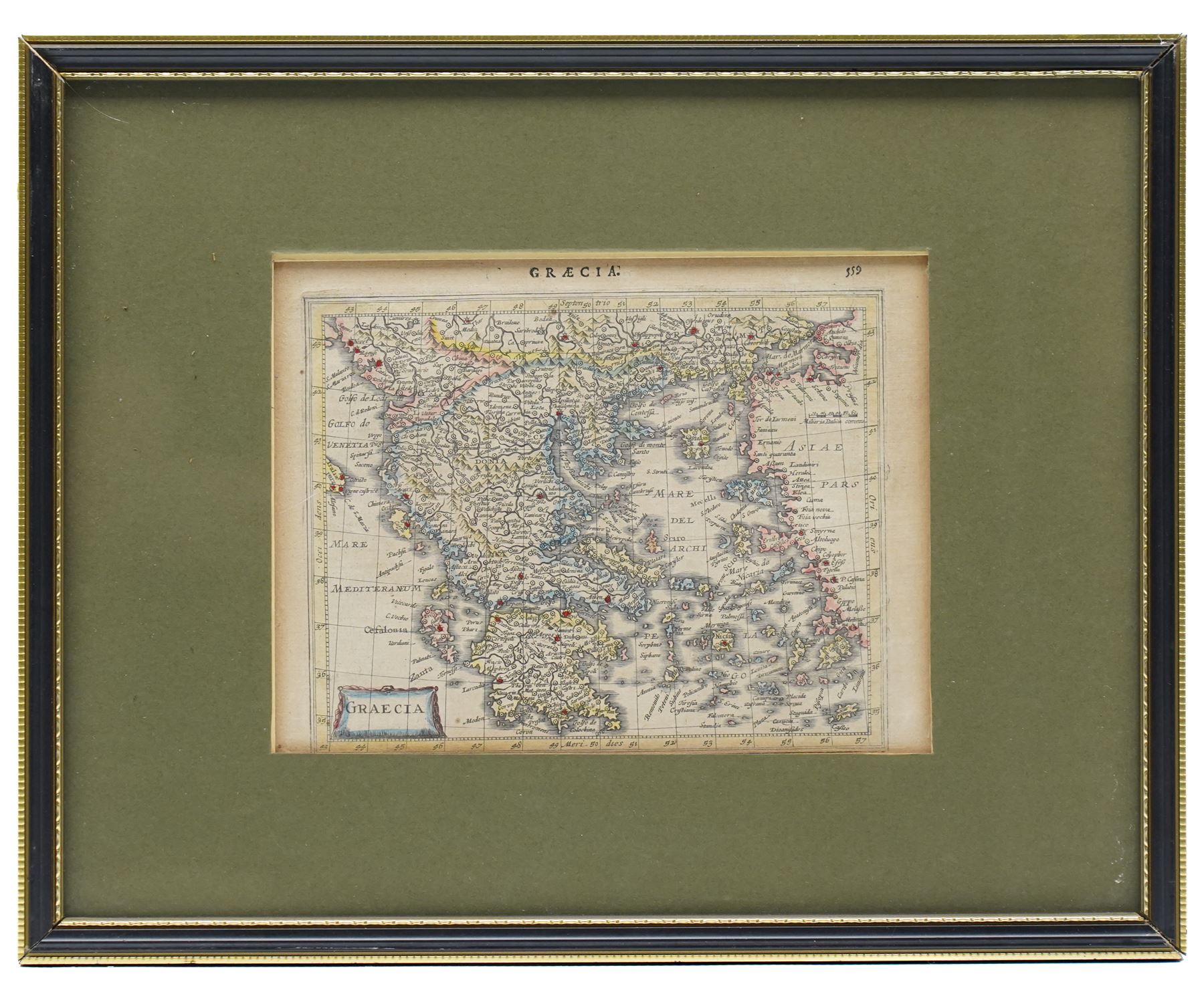 Pieter van den Keere (Flemish 1571-1646): 'Graecia', 17th century engraved map with hand-colouring of Greece and the Aegean Sea pub. Bertius' 'Tabularum Geographicarum Contractarum', 16cm x 20cm; Jean Denis Barbie du Bocage (French 1760-1825): 'Plan des Environs d'Athenes Pour le Voyage du Jeune Anacharsis', 18th century engraved map of Athens and the surrounding area 18cm x 23cm (2)