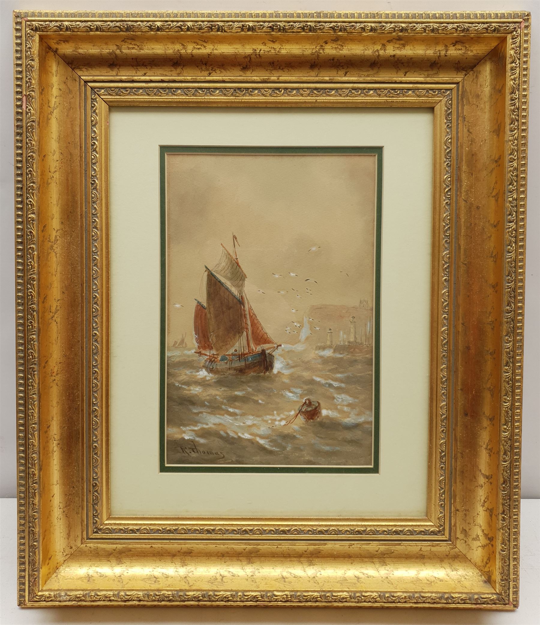 R Thomas (19th/20th century): Fishing Boat off Whitby, watercolour heightened in white signed 26cm x 17cm