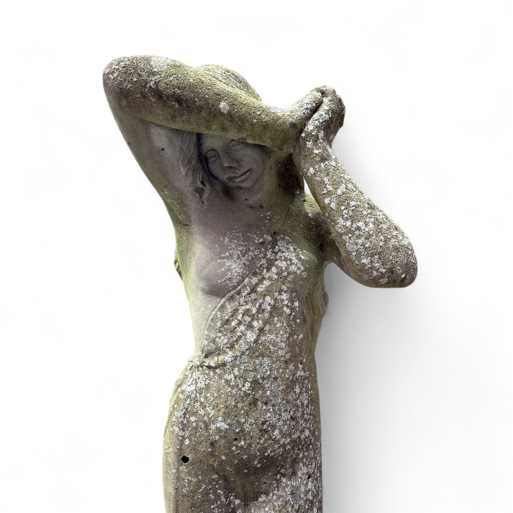 Cast stone garden statue figure, on plinth 