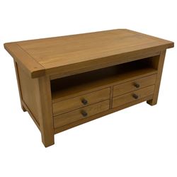 Light oak television stand, open shelf with two drawers