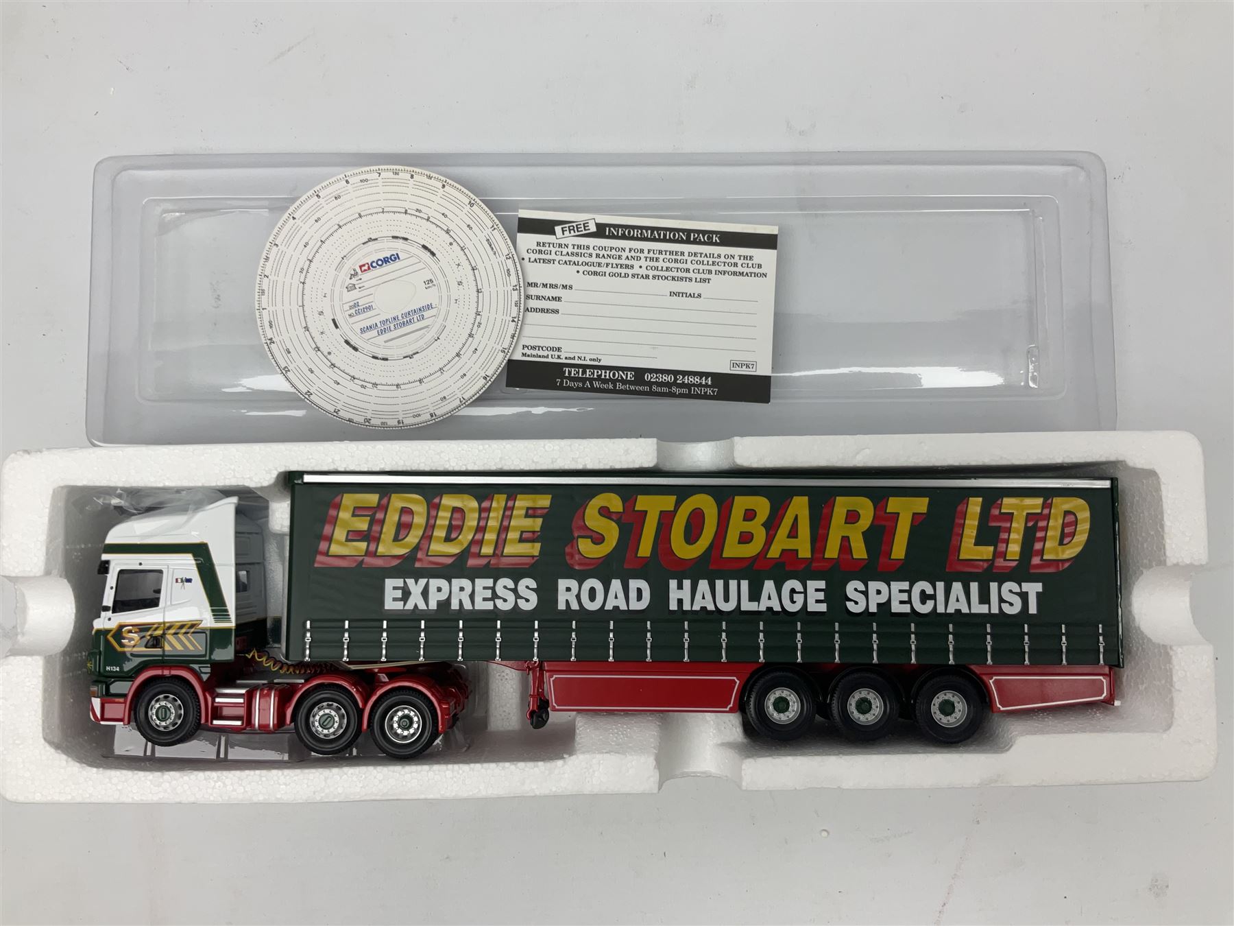 Corgi Eddie Stobart - three limited edition lorries; CC12901 Scania Topline Curtainside; CC13101 Volvo F88 Box Trailer; and CC13207 DAF XF Space Cab & Flatbed Trailer; all boxed (3)