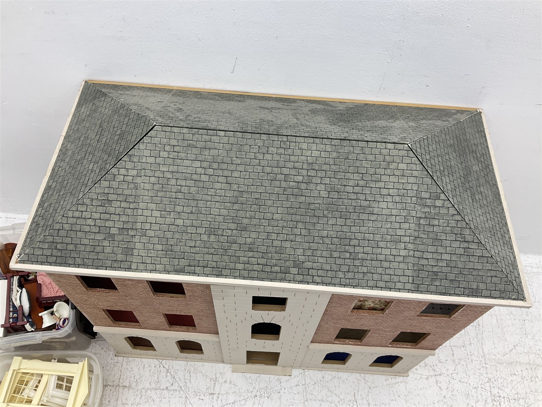 Georgian style paper lined wooden dolls house, three storey with wooden and plastic accessories and window fixtures, H90cm, W96cm, D52cm