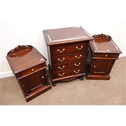  Pair Victorian mahogany bedside cabinets, raised shaped back, single drawer above cupboard, plinth base (W46cm, H75cm, D47cm) and a mahogany chest, four drawers, acanthus carved cabriole feet (W66cm, H90cm, D45cm)  