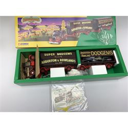 Corgi Showmans Range - twelve vehicles comprising 24801 Leyland Dodgem Truck & Caravan Set, 16501 Scammell Highwayman Ballast with Closed Pole Trailer & Caravan Set, 15901 Scammell Highwayman Generator with Closed Pole Trailer & Dodgem Trailer Set, 16502 Scammell Highwayman Ballast with Closed Pole Trailer & Caravan Set, 21701 AEC Closed Pole Truck with Closed Pole Trailer Set, 12601 Foden Closed Pole Truck Set, 27801 Atkinson Open Pole Truck Set, 09901 ERF Dodgem Truck & Box Trailer Set, 27602 Atkinson 8 Wheel Rigid Truck & Trailer with Loads Set, 24401 Leyland 8 Wheel Rigid Truck Set, 16101 Scammell Highwayman Crane Set and 06601 Morris 1000 Advanced Publicity Van Set; all virtually mint and boxed with certificates and paperwork (12)