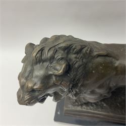 After Charles Valton, bronze, modelled as a lion, upon bronze plinth signed C H Valton, with foundry seal for J B Deposee, and black marble plinth base, overall H20cm L26cm