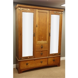  Shapland & Petter of Barnstaple oak wardrobe with two mirror doors, panel door and four drawers, outlined with chequer banding, on bracket feet, W158cm, D53cm, H206cm  