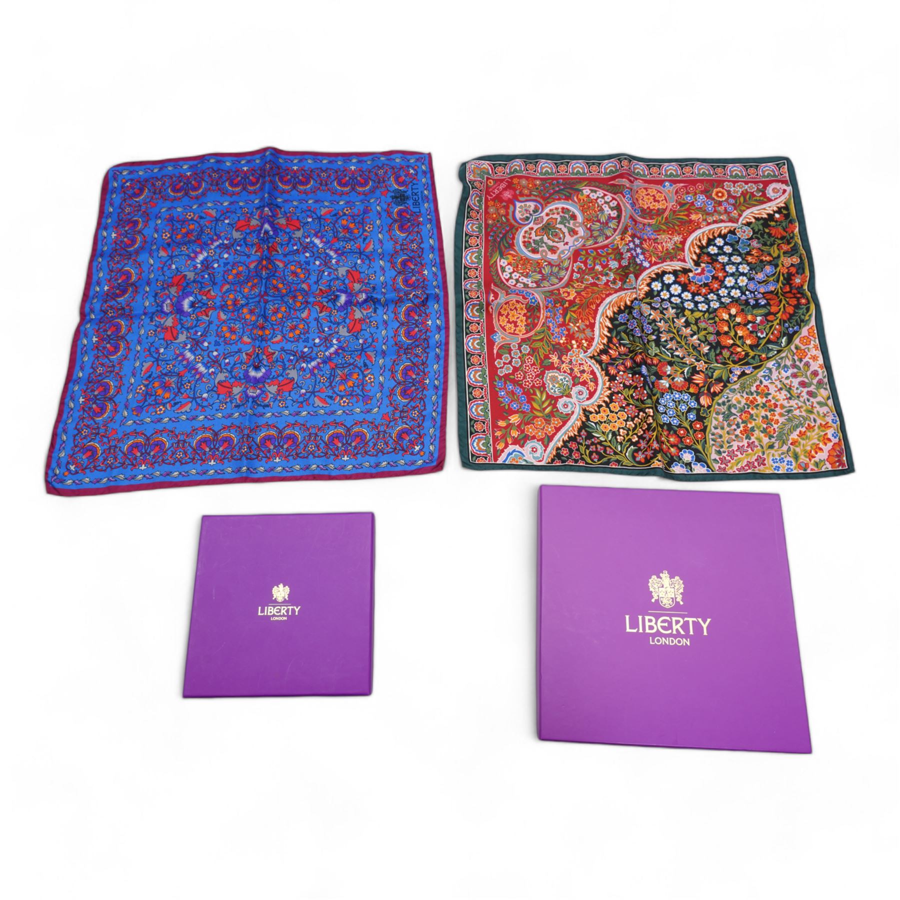 Two Liberty silk scarfs comprising 'Tanjore Gardens' and 'Lodden' both 45cm x 45cm, boxed (2) 