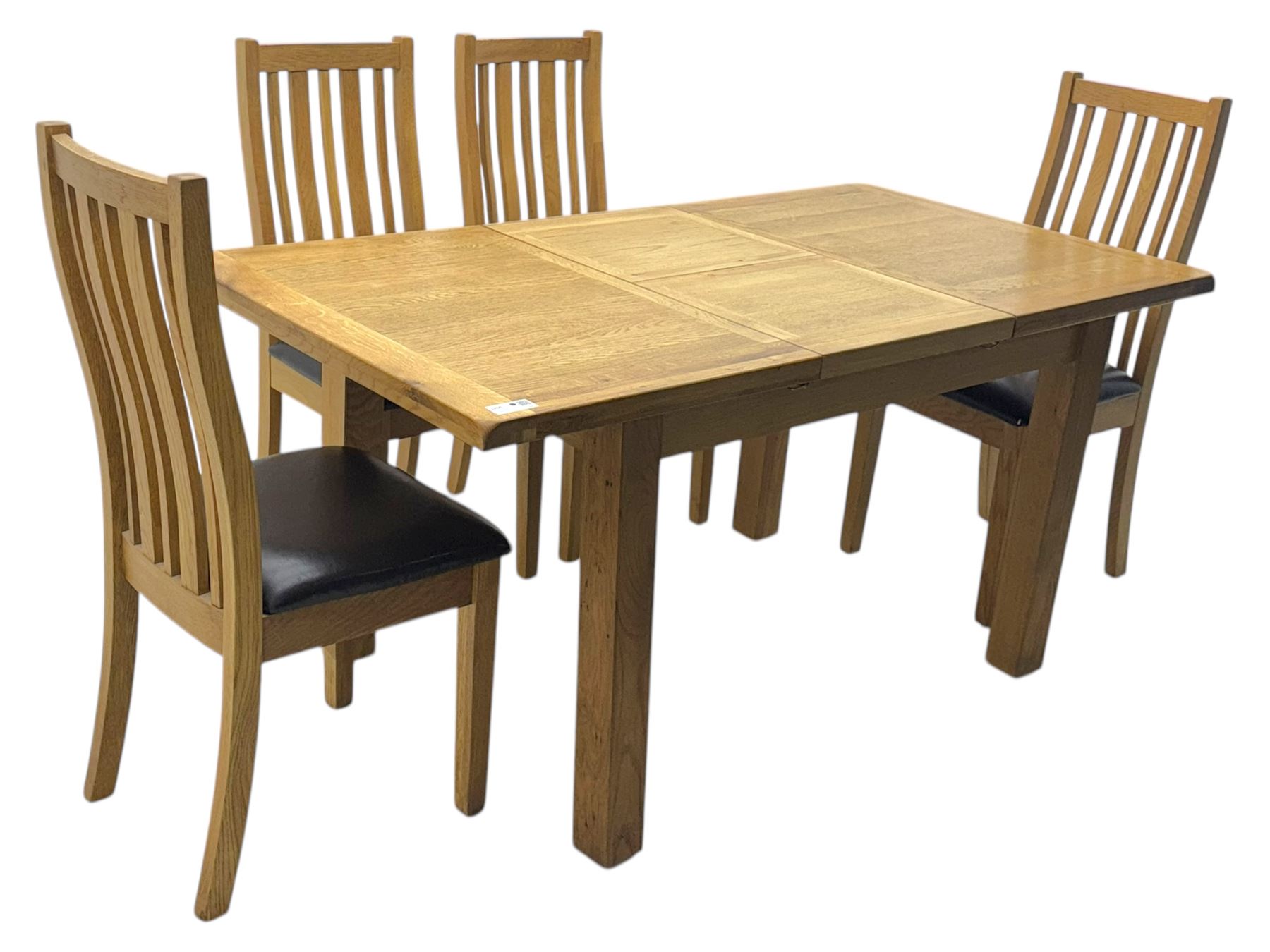 Light oak extending dining table, with four chairs, breadboard ends with integrated fold out leaf with latches, on square supports, tall slatted backrest with brown leather drop in seat  

(Extended 165cm)