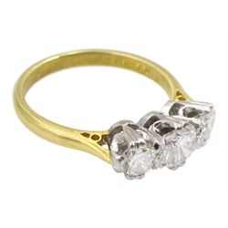 18ct gold three stone round brilliant cut diamond ring, London 1976, total diamond weight approx 1.20 carat