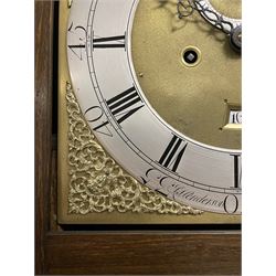 Jeremiah Henderson of Scarborough - 8-day longcase clock in an Elm case c1765,  with a flat top and broad cornice, square hood door flanked by two plain turned pilasters with gesso capitals, long trunk with a conforming door and break arch top, square brass dial with a matted centre, cast spandrels and ringed winding holes, silvered chapter ring with Roman numerals, five minute Arabic's, minute track and finely pierced matching steel hands, dial pinned to a rack striking movement with an anchor escapement. With weights and pendulum. Jeremiah Henderson was the son of Robert Henderson, the first recorded clockmaker in Scarborough. 