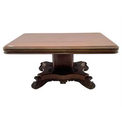 Victorian mahogany tilt-top table dining table, rounded tilt rectangular top with moulded edge, on octagonal column, raised on shaped quadriform base with bold scrolled feet