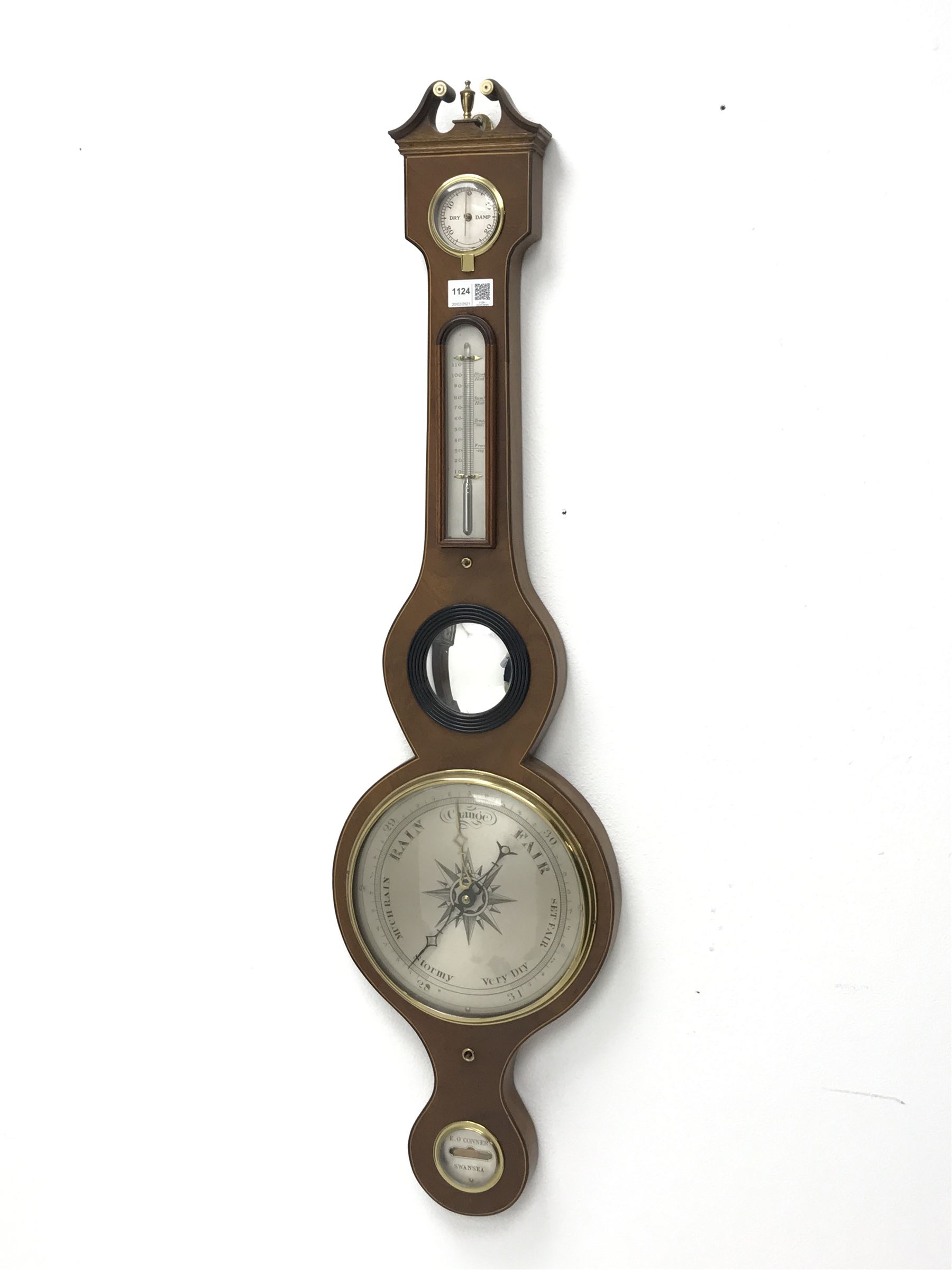 Late 20th century Georgian style mahogany five dial mercury barometer, dry/damp dial above mercury thermometer, circular dial with engraved register, the level inscribed E.O Conner, Swansea', H97cm