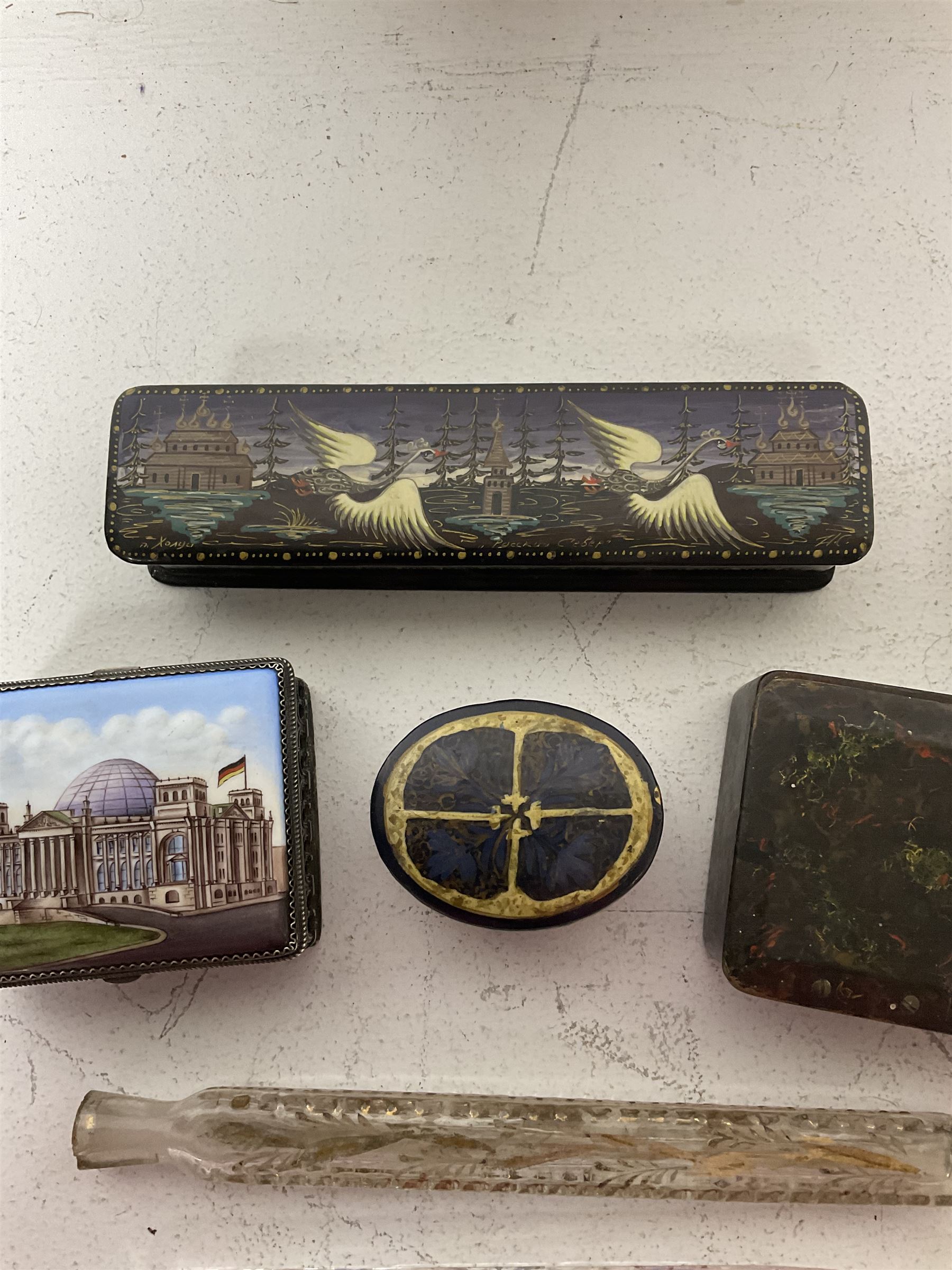 Two 19th century glass tear catcher lachrymatory bottles, together with a Japanese lacquered box and two similar, a trinket box with ceramic cover and a small pewter figure of Confucius