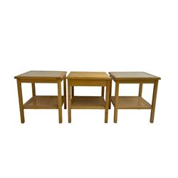 Pair beech bedside tables, square top with canework inset and cane under-tier, together with another similar 