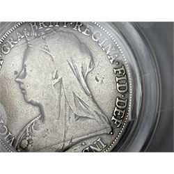 Charles I 1625 hammered silver sixpence, Queen Victoria 1894 crown coin and a cased hallmarked silver medal for the Hull photographic society, engraved '1940' 'Leonard Vokes', all housed in a red Pobjoy Mint coin box