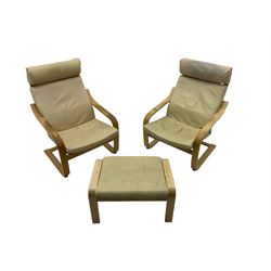 Ikea - pair of 'Poang' cantilever armchairs, upholstered in tan leather; complete with matching footstool (3)