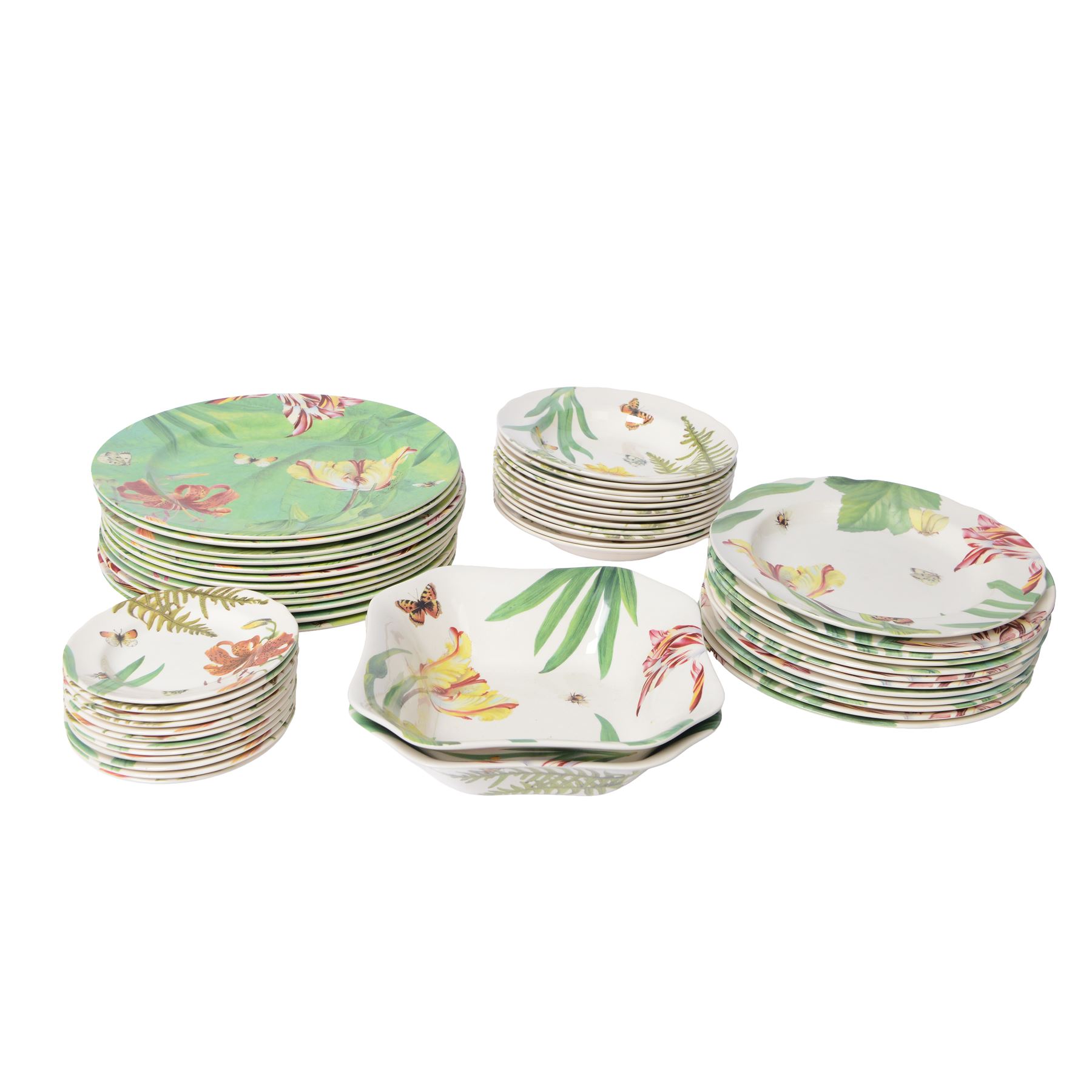 Modern Spode dinner service for twelve plates settings, decorated in the Floral Haven pattern, comprising large plates, smaller plates, dishes, side plates, and pair of serving bowls, largest plates D32cm