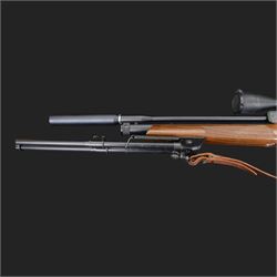 Logun MK2 22 Cal. air rifle, serial no 25885, with ASG fitted sight, bi-pod stand and fitted moderator  