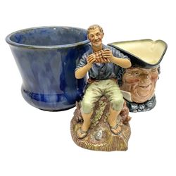 Group of Royal Doulton comprising blue jardeniere (a/f), Dreamweaver figure HN 2283, and character jug, largest H21cm