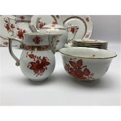 Herend Chinese Bouquet Rose pattern tea service comprising teapot, coffee pot, open sucrier, six cups and saucers, six tea plates, cream jug and stand, milk jug, two teabag holders, preserve pot, two leaf shaped dishes, four egg cups, salt & pepper pots, pair side plates and another plate