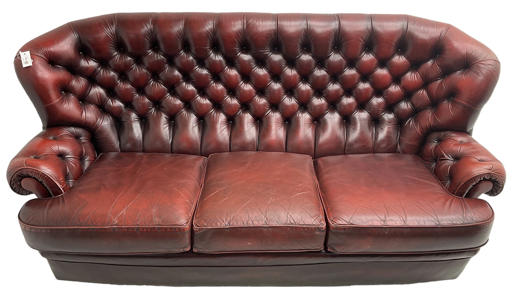 Wade - Georgian design three-seat sofa, high curved back over scrolled arms, upholstered in deep buttoned oxblood 'Pegasus' leather, on castors