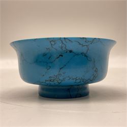 Carved single piece turquoise bowl with fluted rim, upon a raised footed base, D10cm, H5cm