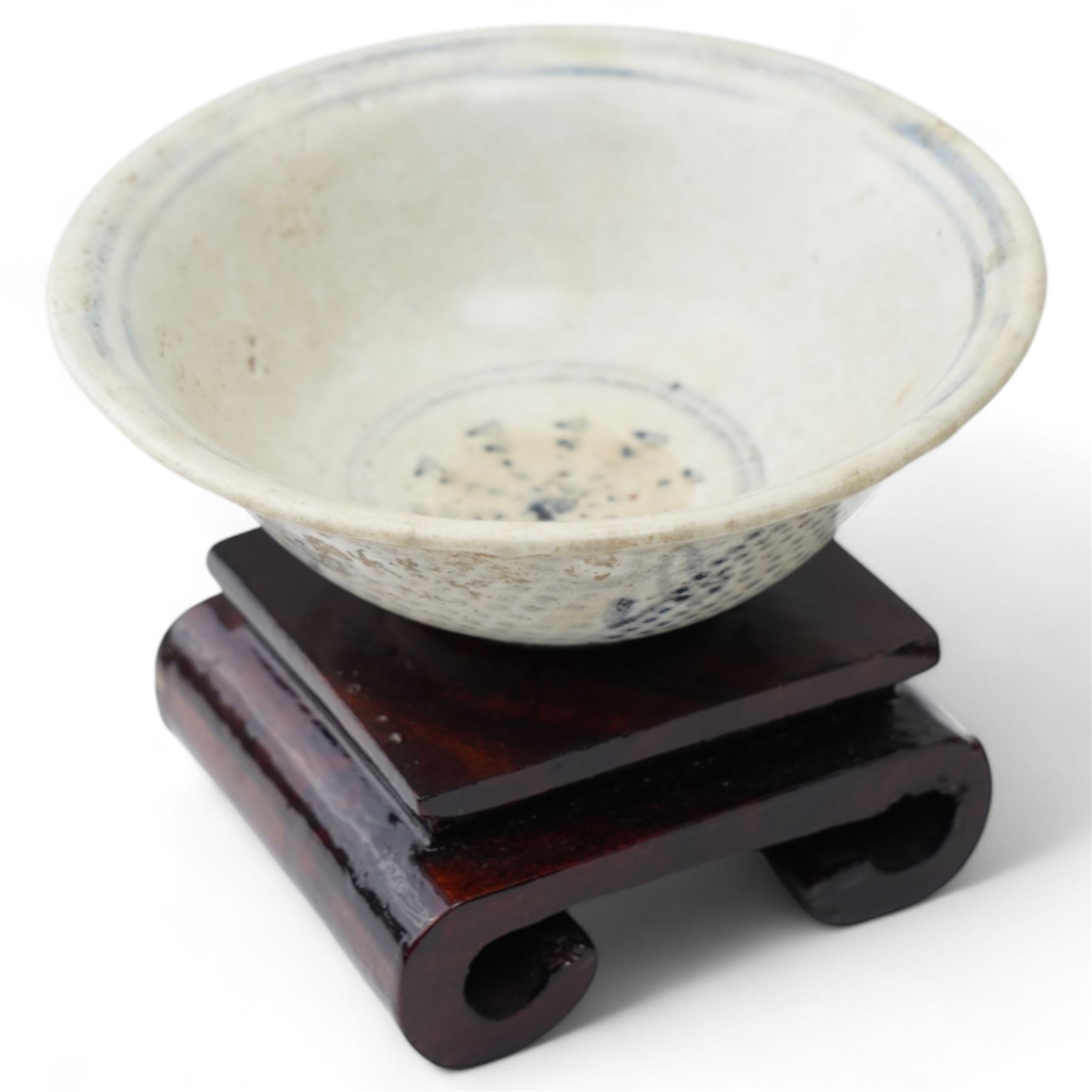 Chinese Early Ming Dynasty blue and white glazed bowl decorated with spotted pattern and central flower, c.1368AD-1644AD, D11cm; together with a small saucer with internal painted cockerel, D7cm (2)