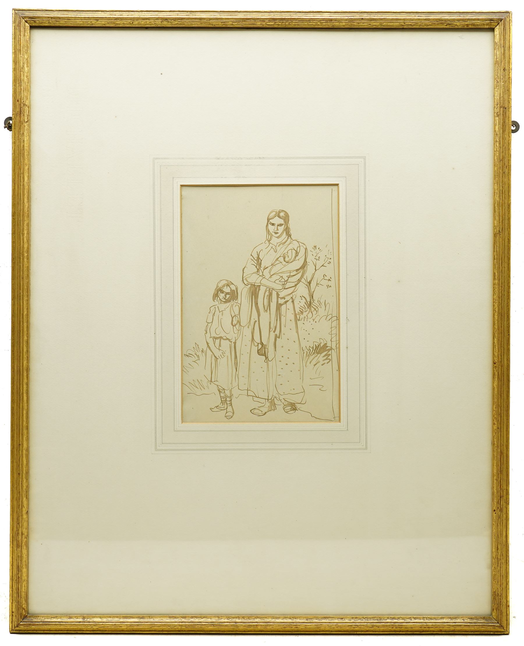 Augustus Edwin John O.M. (British 1878-1961): Study of a Mother and Child with Baby in Rural Landscape, pen and ink on paper unsigned 24cm x 16cm
Provenance: previously with the Chenil Galleries, Chelsea