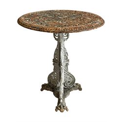 Coalbrookdale design - 19th century cast iron garden table, circular top with beaded edge pierced with scrolls, the pedestal decorated with scrolling and foliate motifs triple arm platform bass with scrolled feet