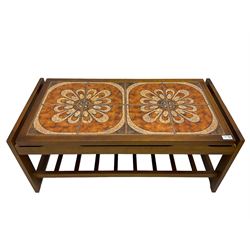 Mid-20th century teak coffee table, rectangular top with inset tiled surface over slatted undertier