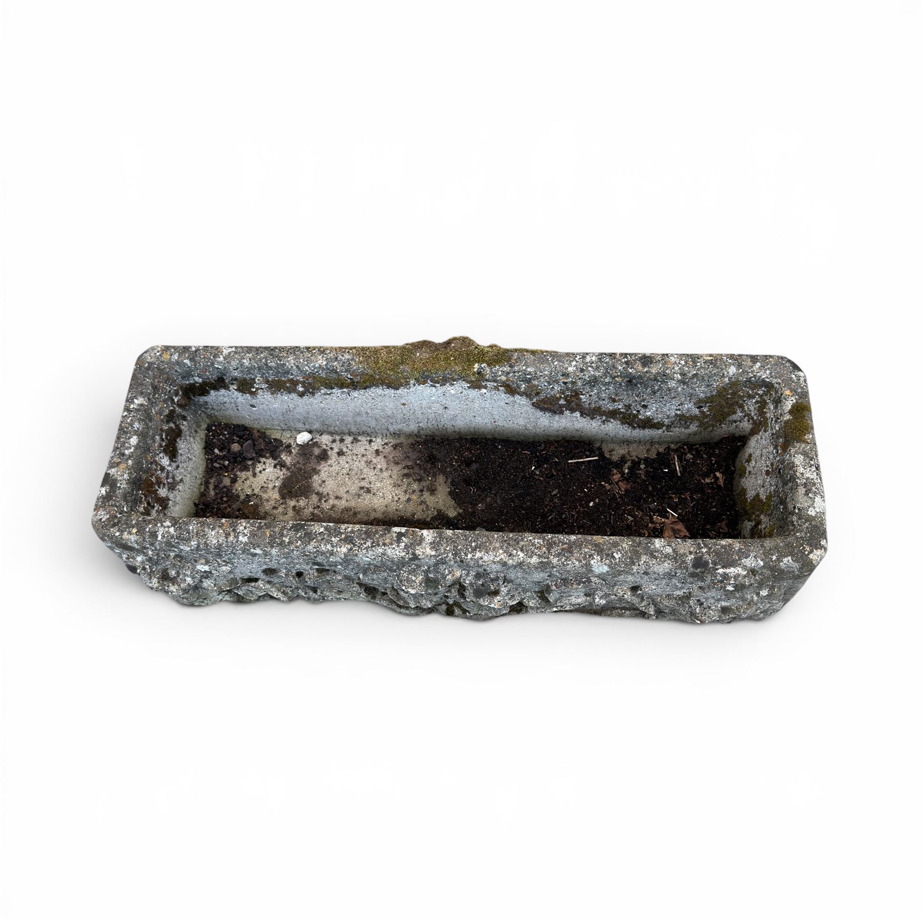 Pair of rectangular weathered cast stone planters, ornate moulded detail