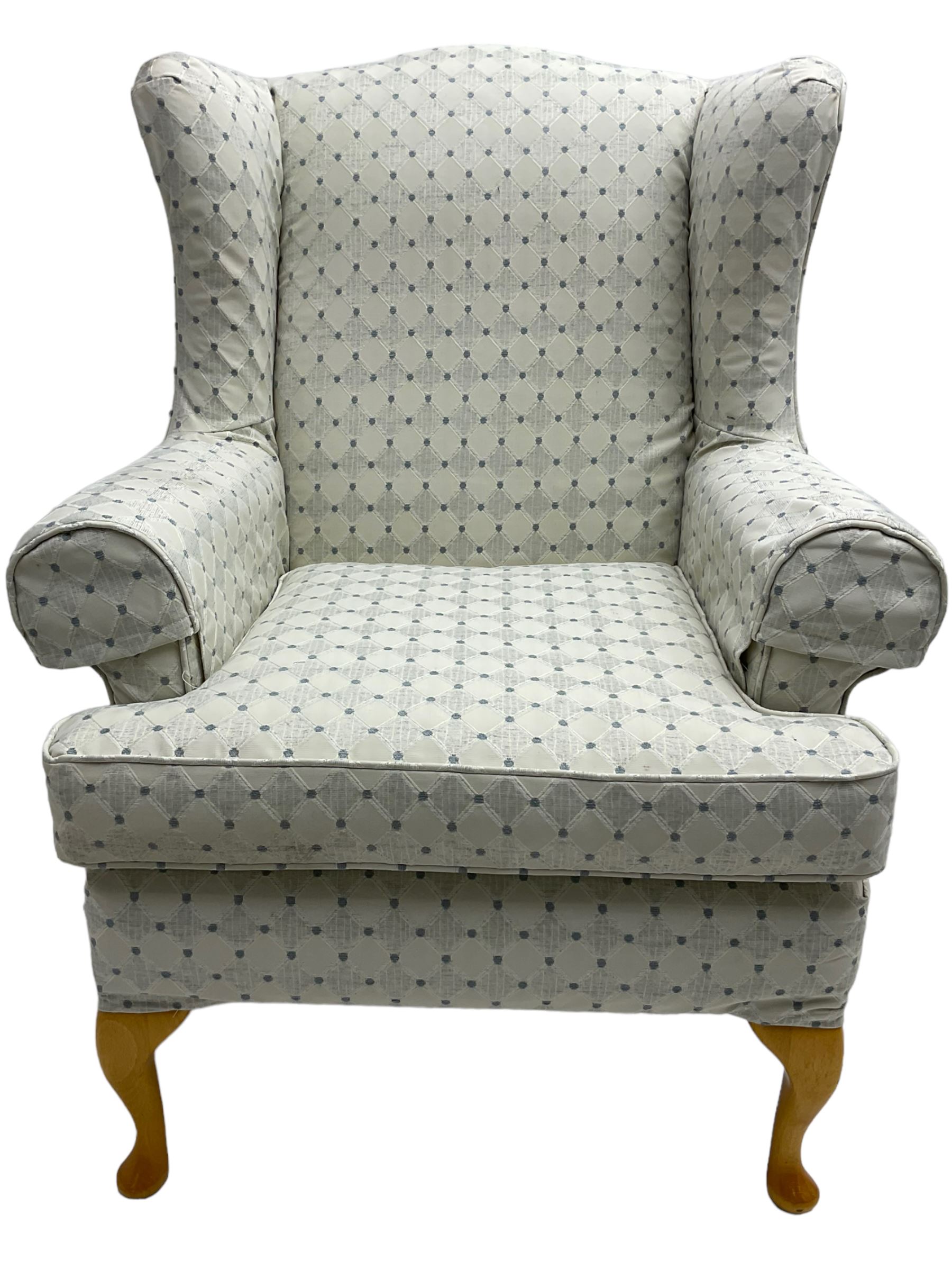 Multi-York - hardwood framed wingback armchair, upholstered pale blue lozenge pattern fabric, on light beech cabriole feet - 6 months old