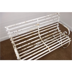  White painted wrought iron garden seat with slat back and scrolled arms, W122cm, H79cm, D54cm  