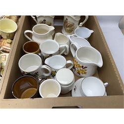 Two Poole Pottery dinner plates and a meat plate, four Copeland Spode Bermuda pattern dinner plates, Sadler jug, Keele St Pottery cottage tea wares, Torquay Motto ware, blue and white jug and bowl, two large planters and other ceramics, etc, in four boxes 