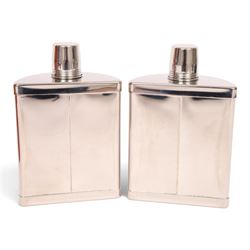Pair of  Tudor stainless steel hip flasks in fitted leather case, H18cm, D12cm