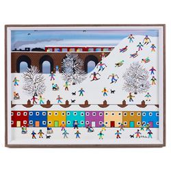 Gordon Barker (British 1960-): 'Snowy Day in the Village', acrylic on paper signed, titled verso 29cm x 39cm