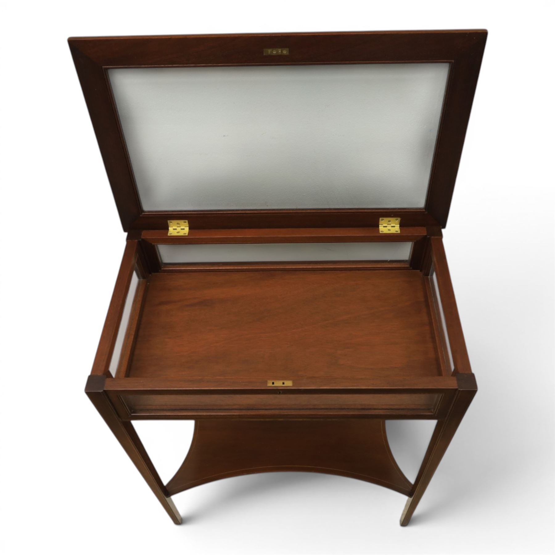 Edwardian inlaid mahogany bijouterie display table, square tapering supports inlay, orange baize lining shaped undertier