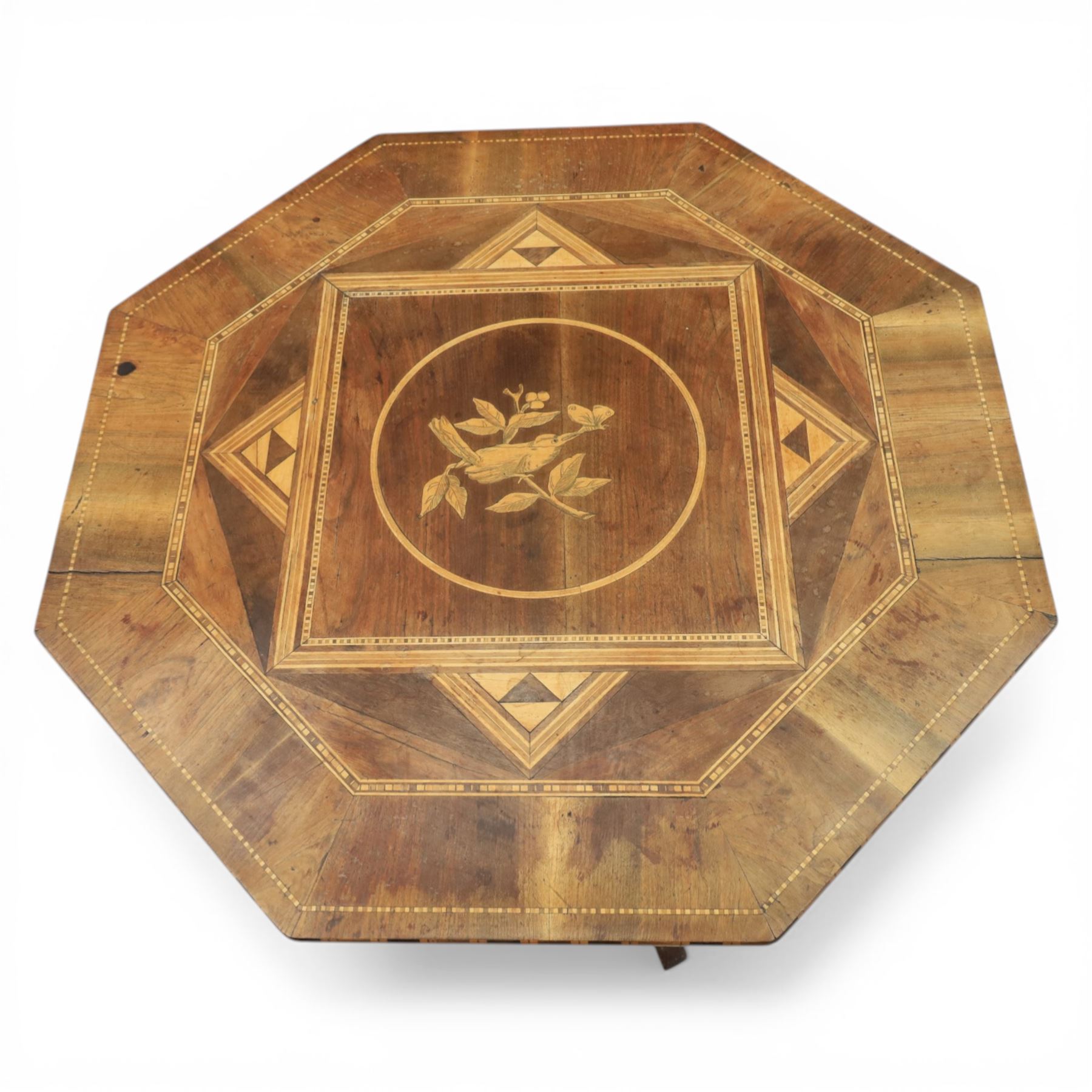 Mid-20th century Italian marquetry inlaid walnut centre table, octagonal top decorated with radiating panels and central foliate roundel, crossbanded borders with line inlay, raised on turned column and tripod base