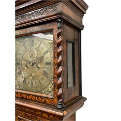 William & Mary floral marquetry 8-day longcase clock c 1700, later mid-18th century four pillar rack striking movement with a square brass dial and subsidiary seconds dial, ringed winding holes and calendar aperture to the matted dial centre, with London cherub head cast spandrels and (later) fretted steel hands, silvered Roman numeral chapter ring with stylised fleur di Lis half hour makers, narrow Arabic five-minutes, minute track and inner quarter hour track, signed Thomas Horlock, Hammersmith, 
case with box upstand to the domed floral marquetry decorated caddy with three brass flame finials, above a moulded cornice and fretwork frieze,  inlaid hood door with attached barley twist pillars to the front above an inlaid convex moulding, full length D moulded trunk door with a circular lenticle inlaid with floral and foliage panels inhabited with birds, on a conforming marquetry plinth with applied double skirting. Thomas Horlock is recorded as a Whitesmith & Clockmaker of Hammersmith, Middlesex.
A copy of Thomas Horlock's will dated the 15th June 1757 is held at The National  Archives Kew.